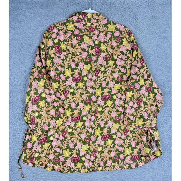 Cynthia Rowley 100% Linen European Flax Green Pink Floral Side Slits Blouse 2X - Picture 2 of 8